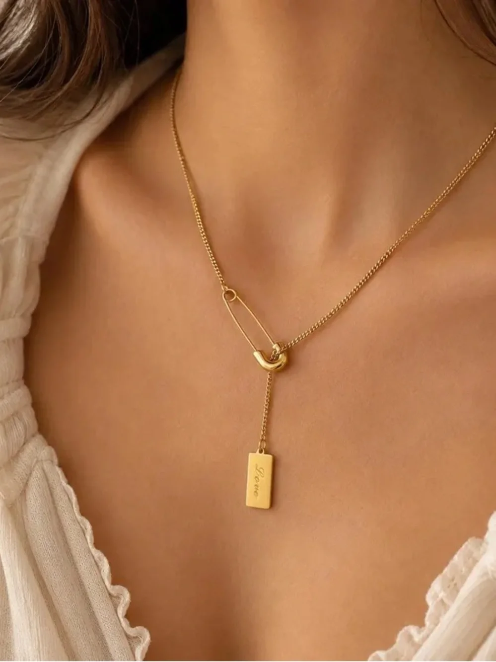 Safety Pin Necklace, 18K Gold Plated Love Necklace, Stainless Steel Necklace